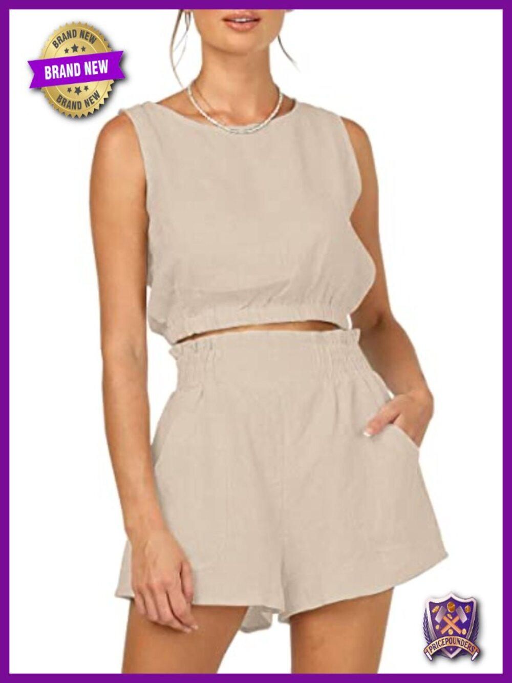 2 Piece Lounge Set Sleeveless Crop Top High Waisted Shorts Rayon Linen
